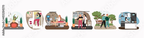 Pregnant women exercising, sleeping, walking with husband, visiting doctor, vector illustration. Prenatal health care.