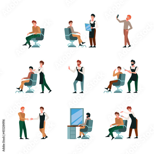 Barbershop workers. Hairdresser characters working in beauty salon barber shop tools razor scissors hair dryer garish vector flat illustrations