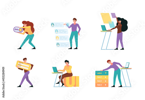 Building interfaces. Web artists and programmers designers making creative ui pages frames drawing app garish vector creative agency characters