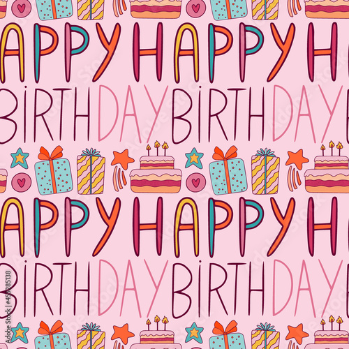 Happy birthday pattern on pink background with gift boxex and cakes.