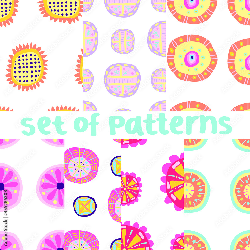 Fantasy vector set of seven colorful patterns on white background. Strange flowers in pink, blue, green, yellow, red and purple colors.
