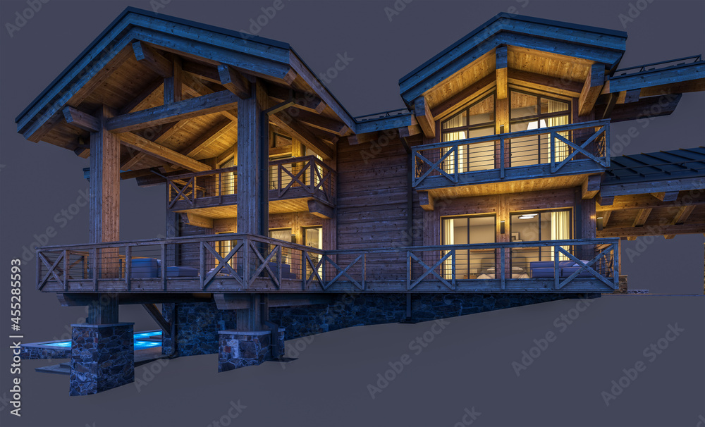 3d rendering of modern cozy chalet with pool and parking for sale or rent. Massive timber beams columns. In the night. Isolated on black