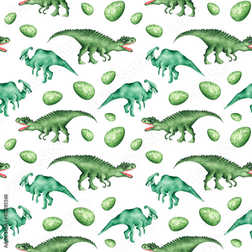 Green dinosaurs watercolor seamless pattern. Dino baby pattern. Dinosaur eggs. Paleontology. Prehistoric animal. Types of dinosaurs. Animal print. For printing on textiles  fabrics  packaging  covers