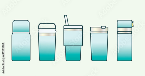 Set of green zero-waste water Bottle and tumbler in illustration vector flat design