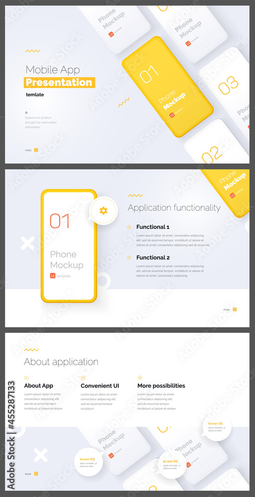 Modern presentation of a mobile application. Website template. Mobile phone mockup on a white background with a description of the mobile application. Modern illustration 3D style.	