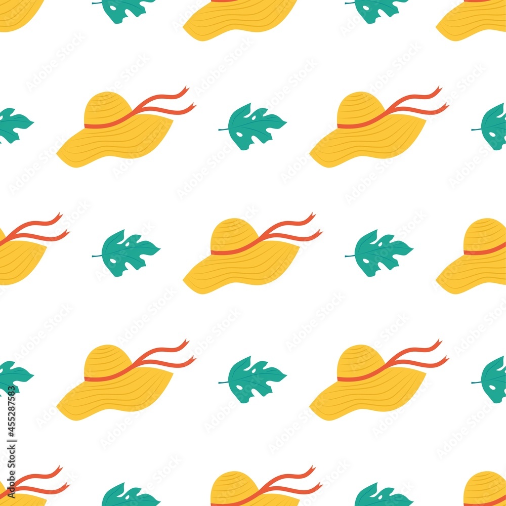 Summer cute pattern. Summer women's hat and monstera on a white background. Flat vector illustration