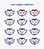Collection of cute vampire faces. Hand drawn Halloween cute and kawaii vampire collection. Сute vampire icons. Halloween emoji icons.