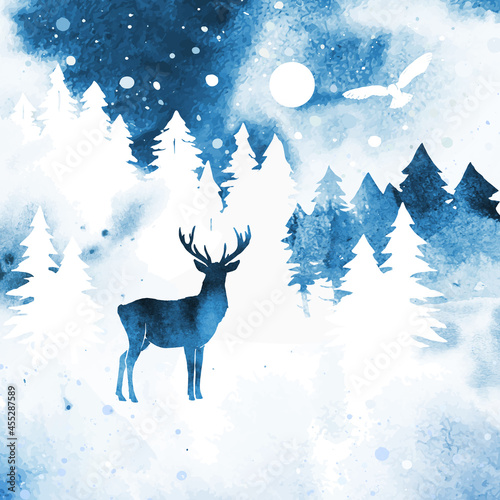 Watercolor winter vector landscape with forest under night sky in blue and white colors. Сoniferous forest, snow, moon and abstract watercolor splashes