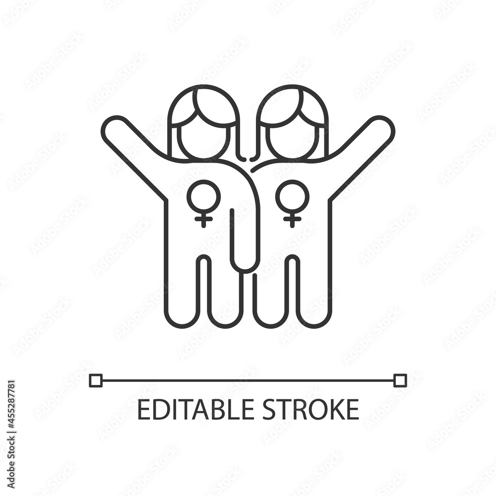 Female friendship linear icon. Sisterhood. Girl power. Like minded women cooperation. Thin line customizable illustration. Contour symbol. Vector isolated outline drawing. Editable stroke Female friendship linear icon. Sisterhood. Girl power. Like minded women cooperation. Thin line customizable illustration. Contour symbol. Vector isolated outline drawing. Editable stroke
