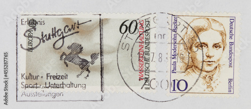 briefmarke stamp vintage retro alt old frankiert cancel gestempelt used papier paper stuttgart pferd horse kultur freizeit unterhaltung sport 60 mund mouth wasserreinhaltung paula modersohn becker photo