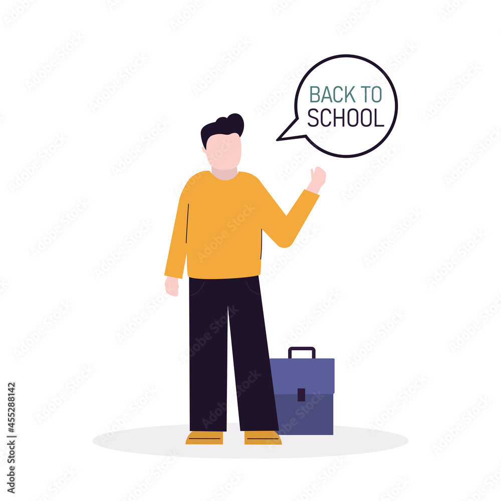 Back to school. Boy pupil standing and make announcement. Cartoon kid student with speech bubble. Concept of education, studies and learning Back to school. Boy pupil standing and make announcement. Cartoon kid student with speech bubble. Concept of education, studies and learning