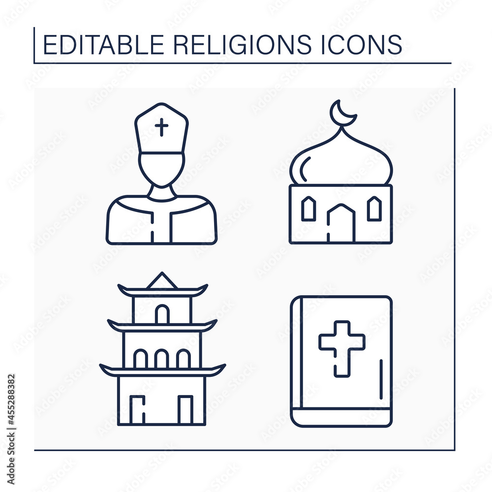 Religious line icons set.Main religious symbols. Leader of catholic