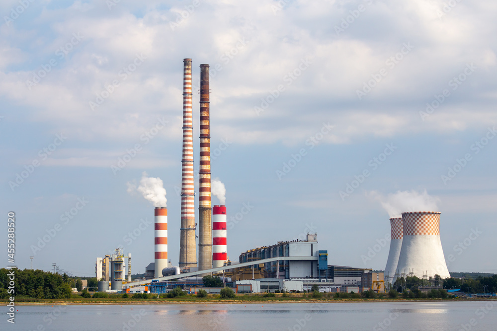 Distant view of the coal-fired power plant. Photo taken on a sunny day with good lighting conditions.