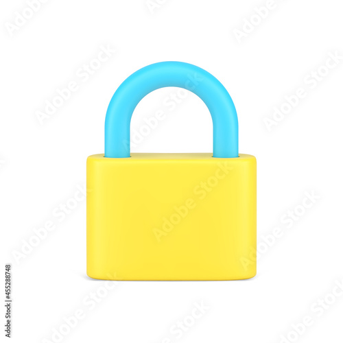 Closed padlock 3d icon. Yellow lock with blue steel shackle