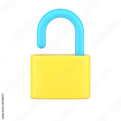 Open padlock 3d icon. Volumetric lock with steel shackle