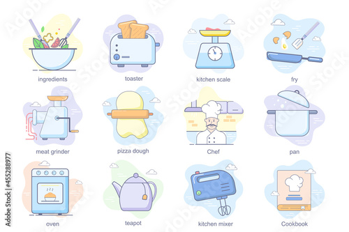 Cooking concept flat icons set. Bundle of ingredients, toaster, kitchen scale, pizza dough, chef, pan, oven, teapot, mixer, cookbook and other. Vector conceptual pack color symbols for mobile app