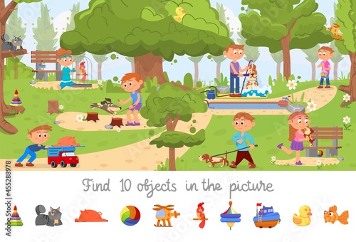 Hidden object game. Puzzle location, find objects picture for kids. Children in park with dogs. Searching visual brain teaser decent vector scene