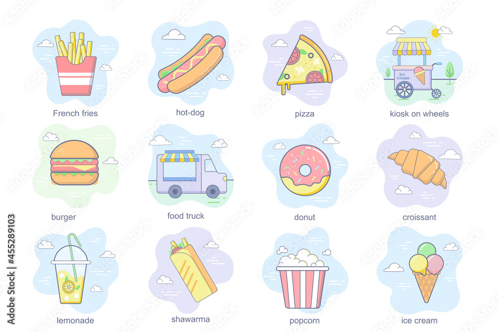 Fast food concept flat icons set. Bundle of hot dog, pizza, kiosk on wheels, burger, food truck, donut, croissant, lemonade, ice cream and other. Vector conceptual pack color symbols for mobile app