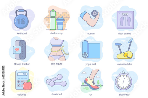 Fitness concept flat icons set. Bundle of kettlebell, shaker cup, muscle, floor scales, tracker, slim figure, sport, exercise, calories and other. Vector conceptual pack color symbols for mobile app