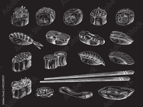 Chalk sushi pieces on blackboard, sketch engraving vector illustration isolated.
