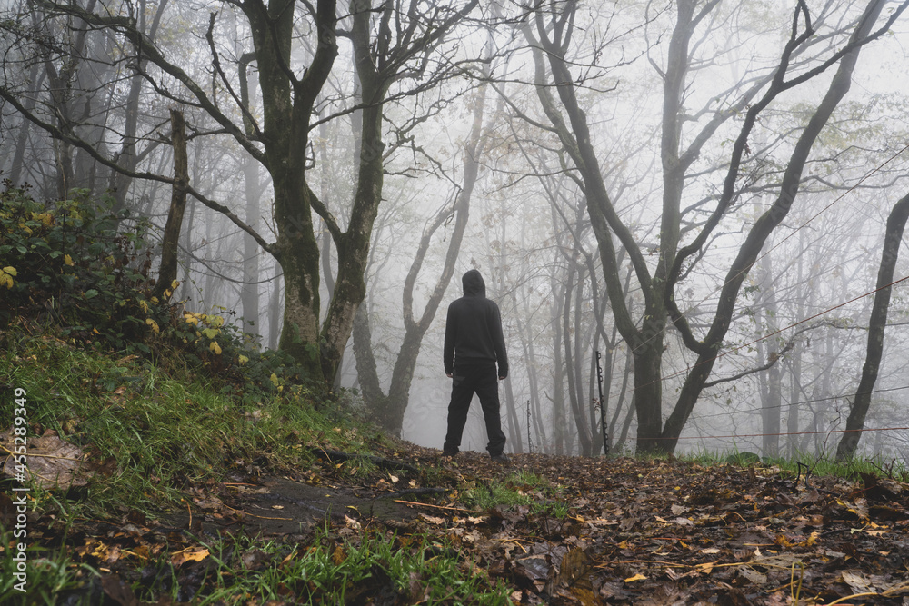 A sinister hooded figure, back to camera, on a path through a moody misty autumn woodland
