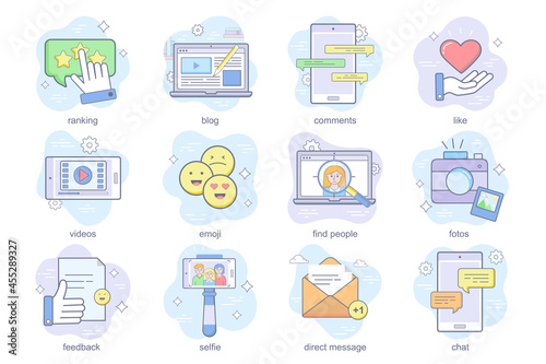Social media concept flat icons set. Bundle of ranking, blog, comments, like, videos, emoji, find people, photos, feedback, selfie, chat and other. Vector conceptual pack color symbols for mobile app