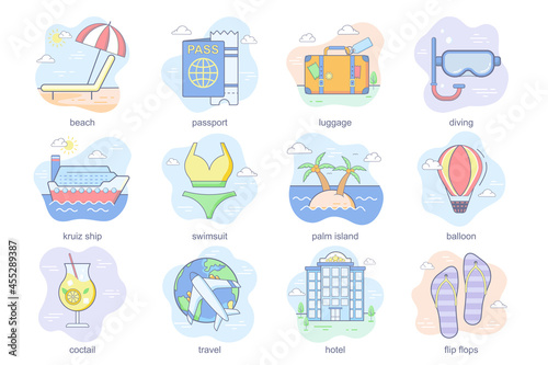 Travel vacation concept flat icons set. Bundle of beach, passport, luggage, diving, cruise ship, swimsuit, palm island, balloon, hotel and other. Vector conceptual pack color symbols for mobile app