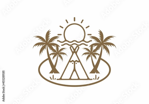 Brown color line art of camping text and coconut tree