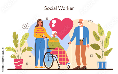 Volunteer concept. Social worker support old and disabled people
