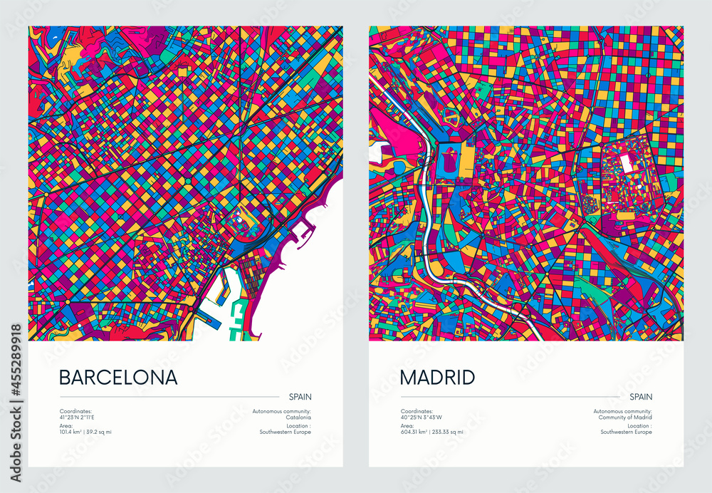 Color detailed road map, urban street plan city Barcelona and Madrid with colorful neighborhoods and districts, Travel vector poster - obrazy, fototapety, plakaty 