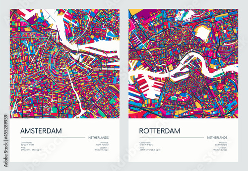 Color detailed road map, urban street plan city Amsterdam and Rotterdam with colorful neighborhoods and districts, Travel vector poster