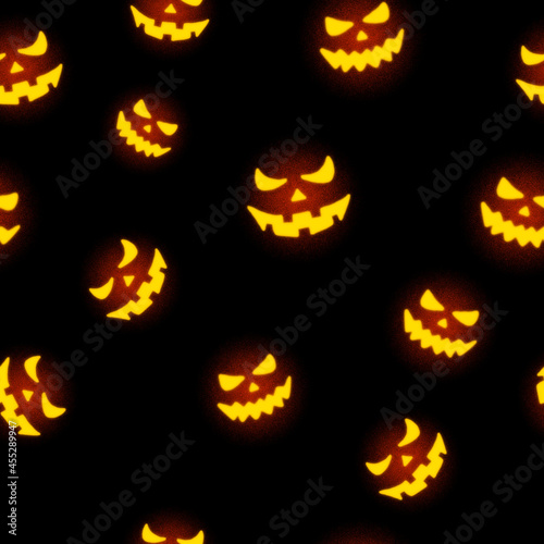 Seamless pattern with Halloween pumpkin on black background. Jack's head background. Toy Halloween pumpkin made of wool. Concept for packaging design.