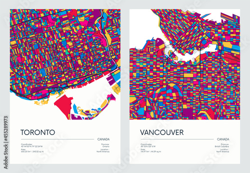 Color detailed road map, urban street plan city Toronto and Vancouver with colorful neighborhoods and districts, Travel vector poster