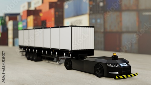 Concept of driverless trucks on port background,3D Render. photo