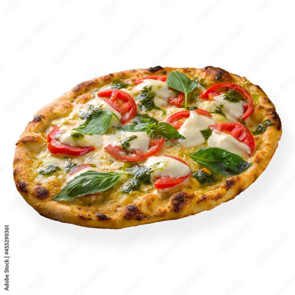 italian pizza, pinsa on roman dough Margherita buffalo with tomatoes, mozzarella and basil, pinsa isolated on white background