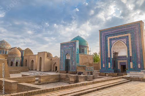Panorama of the mausoleums of the Shakhi-Zinda complex in ray. On the left is the Octahedron Mausoleum, on the right is Usto-Aga and the Nameless one. Shot in Samarkand, Uzbekistan