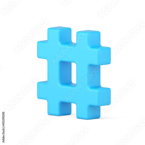 Hashtag symbol 3d icon. Blue sign hashing messages in media space