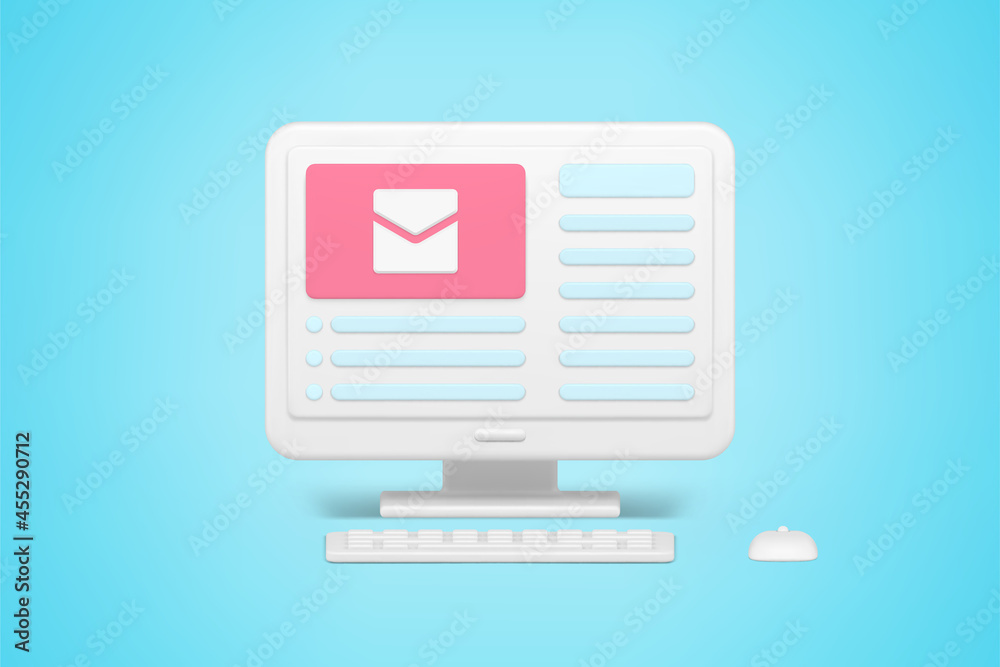 Online newsletter and mail 3d icon. Mail envelope on monitor screen with options for web actions Online newsletter and mail 3d icon. Mail envelope on monitor screen with options for web actions