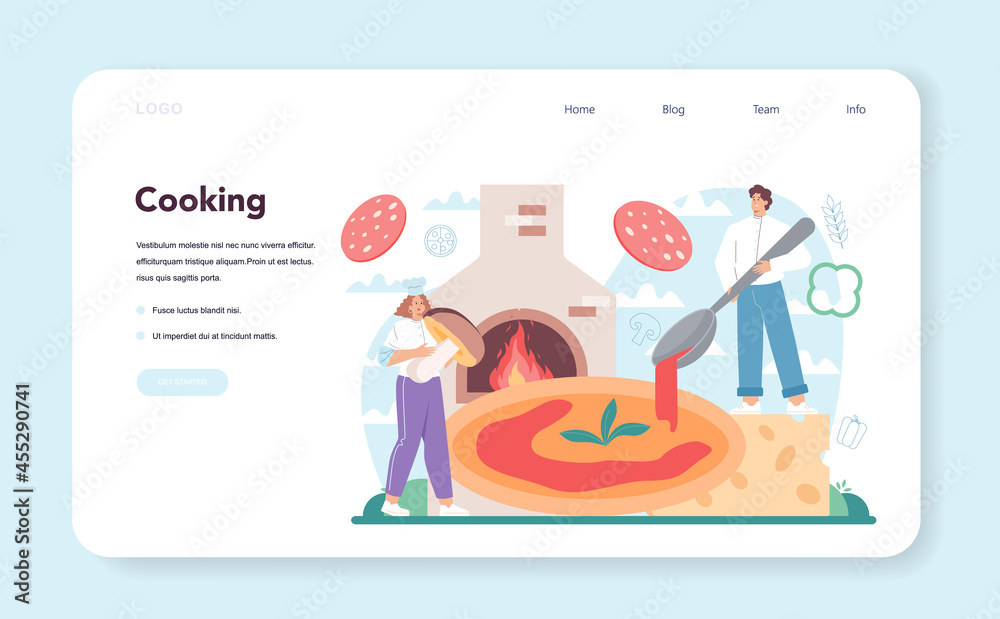Pizzeria web banner or landing page. Chef cooking tasty delicious pizza Pizzeria web banner or landing page. Chef cooking tasty delicious pizza