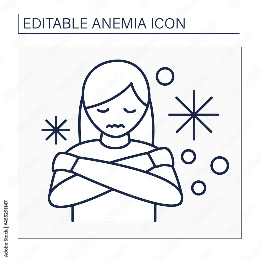 Anemia line icon. Disease symptoms. Woman has cold hands and feet. Low