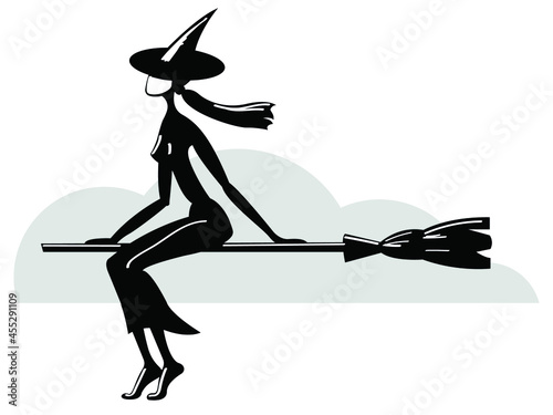 Bild auf Leinwand Vector graphics - black and white silhouette of a cute witch in a hat flying on a broomstick on a white background isolated