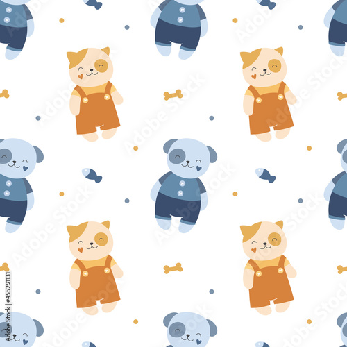 Cute seamless pattern with cats and dogs. Vector illustration for kids. Print for textiles, packaging, fabrics, wallpapers.