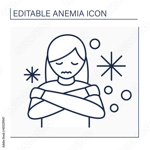 Anemia line icon. Disease symptoms. Woman has cold hands and feet. Low hemoglobin, body temperature. Health protection concept. Isolated vector illustration. Editable stroke