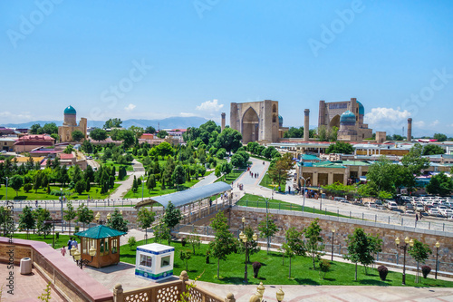 Panorama of Samarkand, Uzbekistan. Parks and pedestrian streets are visible. 15th century Bibi Khanym historical complex is visible in distance photo