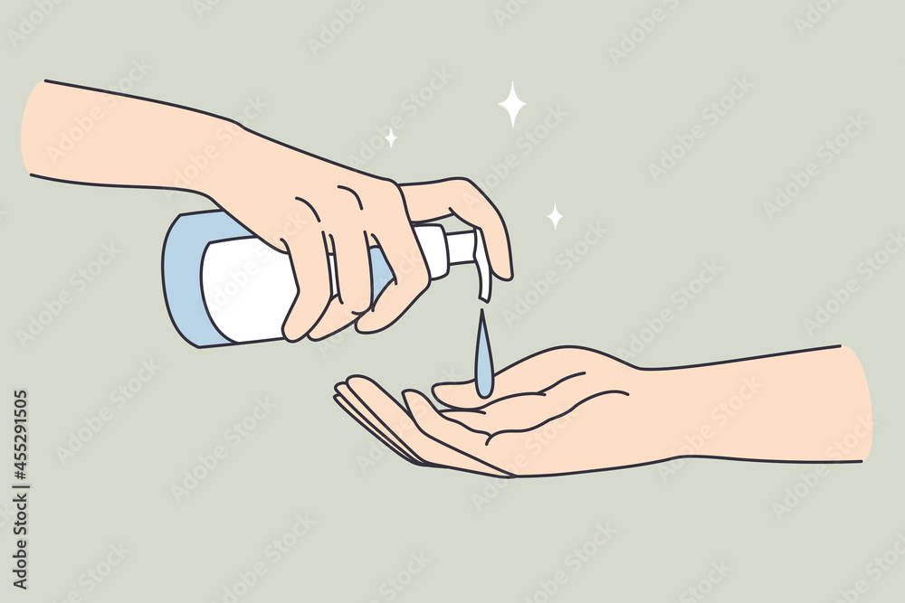 Hand sanitizer and cleaning concept. Human hands pulling soap or sanitizer for hygiene one to another vector illustration  - obrazy, fototapety, plakaty 