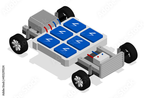 Isometric Electric vehicle platform. Electric vehicle chassis with batteries. Realistic 3D vector isolated on white background