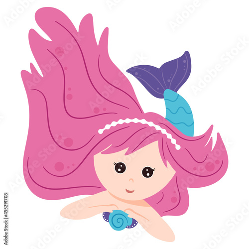 Cute mermaid with beautiful hair. Vector, cartoon style.
