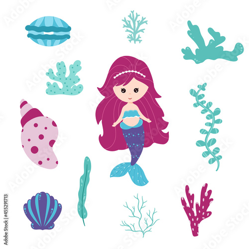 Little mermaids and elements of the underwater world. Cartoon style.