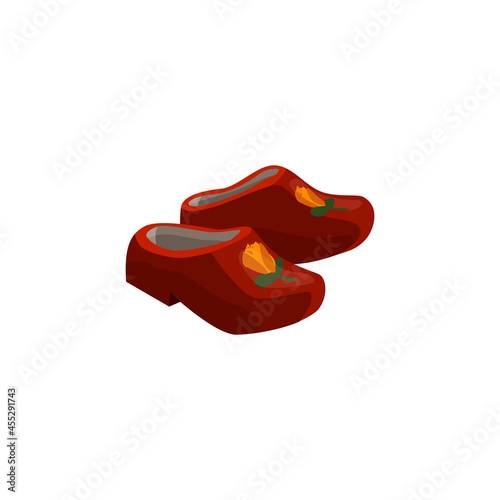Dutch historical traditional wooden clog shoes flat vector illustration isolated.
