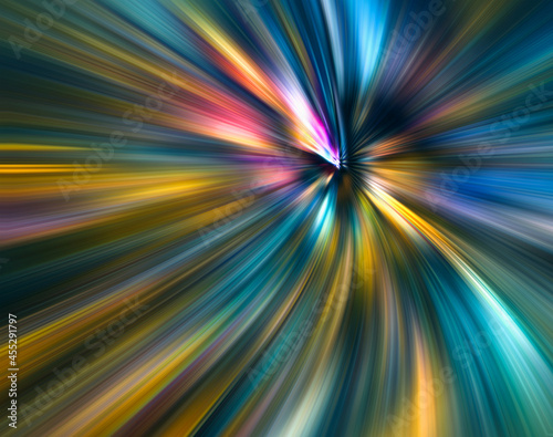 Abstract big data, speed, colorful fibers, rays background in blue and yellow color. 3D Illustration